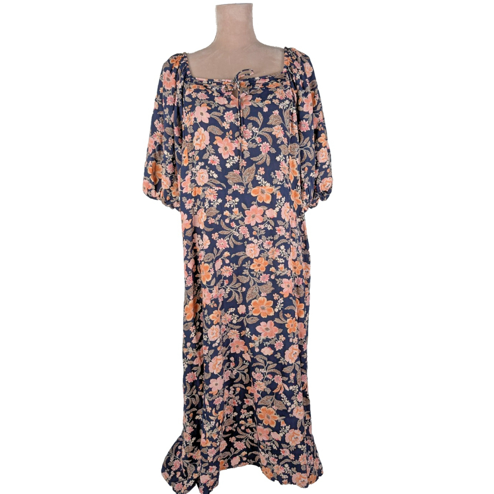 Old Navy Puff Sleeve Smocked Navy Blue Orange Floral Maxi Dress 2XL Milkmaid